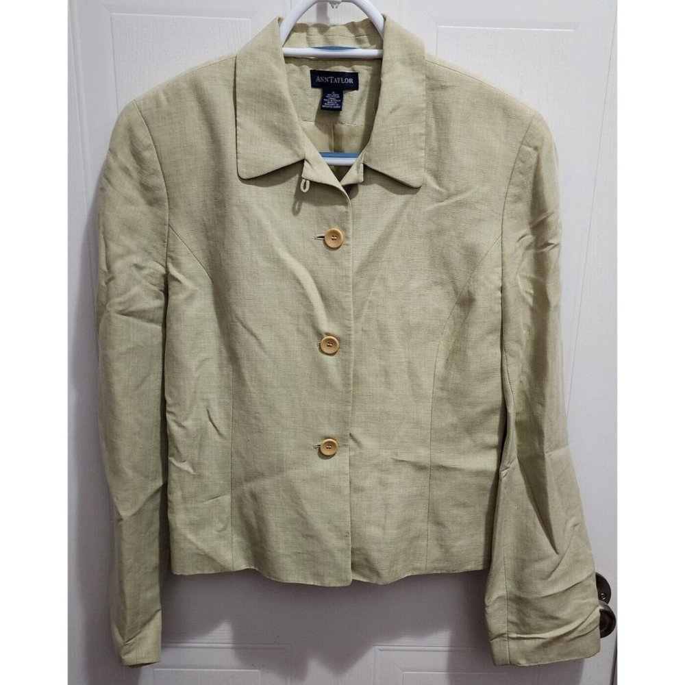 Ann Taylor Women’s Long Sleeve 3 Button Blazer Jacket Green Linen Blend Size 4